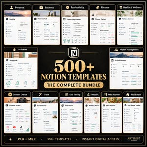 Pode incluir: Uma coleção digital de mais de 500 modelos Notion com fundo escuro e texto dourado. O layout exibe vários módulos de painel, incluindo Pessoal, Negócios, Produtividade, Finanças, Saúde, Estudantes e Gestão de Projetos.