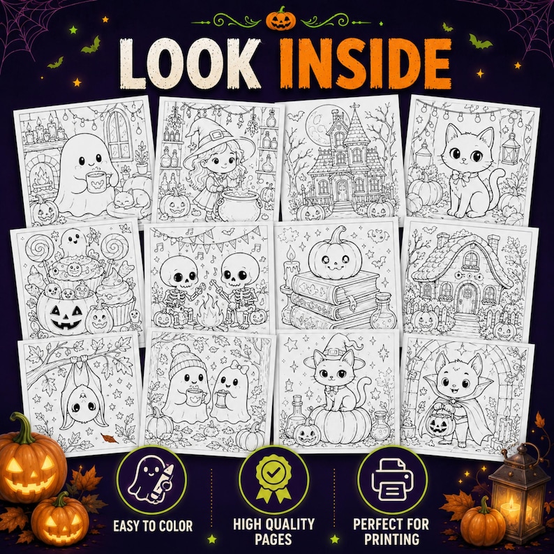 May include: A collection of twelve black and white Halloween-themed coloring pages featuring ghosts, skeletons, cats, pumpkins, and haunted houses. The text LOOK INSIDE is displayed at the top, with icons for easy to color, high quality pages, and printing.