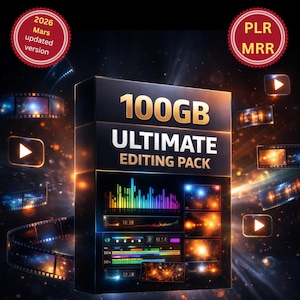 May include: A black box with gold text that reads "100GB ULTIMATE EDITING PACK." The box also features a graphic of a video editing interface. The image includes the text "2026 Mars updated version" and "PLR MRR" in red circles.