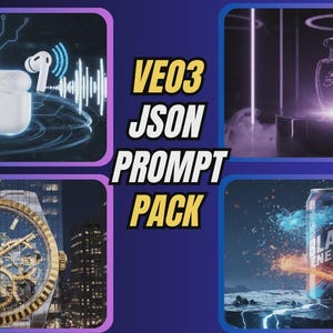 May include: A digital art composition featuring a white wireless earbud set with sound wave graphics, a perfume bottle, a Rolex watch, and a Blaze Energy drink can. The text "VE03 JSON PROMPT PACK" is also displayed.