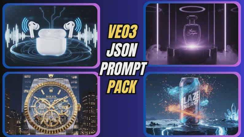 May include: A digital art composition featuring a white wireless earbud set with sound wave graphics, a perfume bottle, a Rolex watch, and a Blaze Energy drink can. The text "VE03 JSON PROMPT PACK" is also displayed.