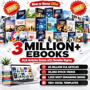 May include: A digital collection featuring 3 million plus ebooks, 20 million PLR articles, 30,000 stock videos, 1,500 ebooks, and 150 plus Excel templates. The image displays numerous book covers with titles like Business Growth, Cooking Recipes, and Fitness Guide.