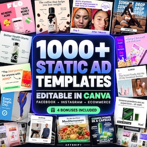 Peut inclure: Une collection numérique de plus de 1000 modèles de publicités statiques pour Facebook, Instagram et le commerce électronique, entièrement modifiables dans Canva. Le graphique central présente du texte blanc et bleu sur fond sombre.