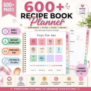 Op de afbeelding: Een spiraalgebonden receptenboekplanner met meer dan 600 pagina's, met een kleurrijke indexpagina met iconen voor ontbijt, voorgerechten, soepen, salades, lunch, sauzen, diner, desserts, drankjes en bakken, plus een receptpagina-sjabloon.