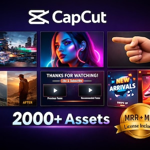 May include: A promotional image for CapCut featuring various graphic elements. It includes a cityscape, a portrait with neon accents, a pointing hand, before and after landscape images, and a "New Arrivals" graphic. Text includes "2000+ Assets" and "License Included."