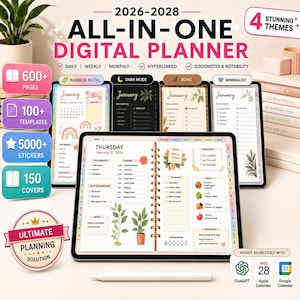 Puede incluir: Agenda digital para 2026-2028 con cuatro temas: Rainbow Pastel, Dark Mode, Boho y Minimalist. Incluye vistas diarias, semanales y mensuales, hipervínculos y compatibilidad con GoodNotes y Notability. Contiene más de 600 páginas, 100+ plantillas, 5000+ pegatinas y 150 cubiertas.