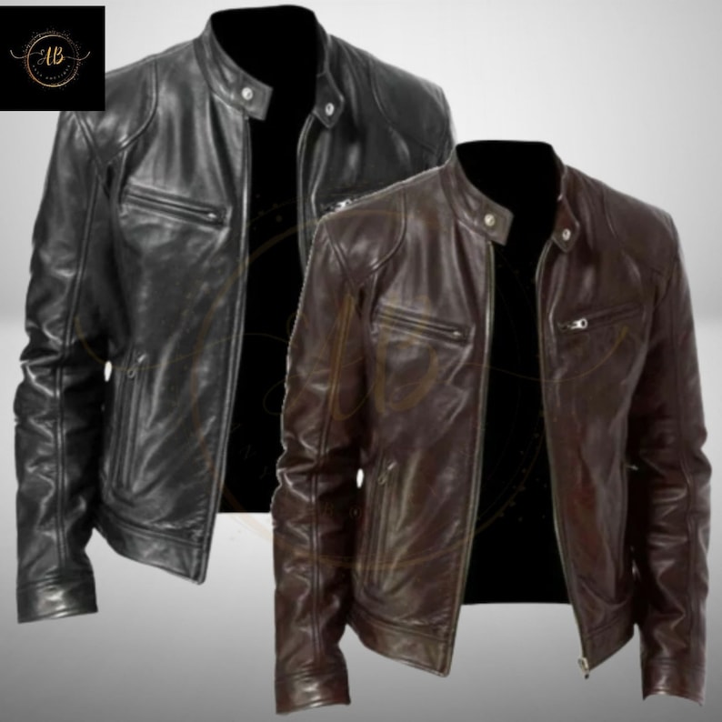 Black Brown Genuine Leather Jackets Motorcycle Lapel Diagonal Zipper