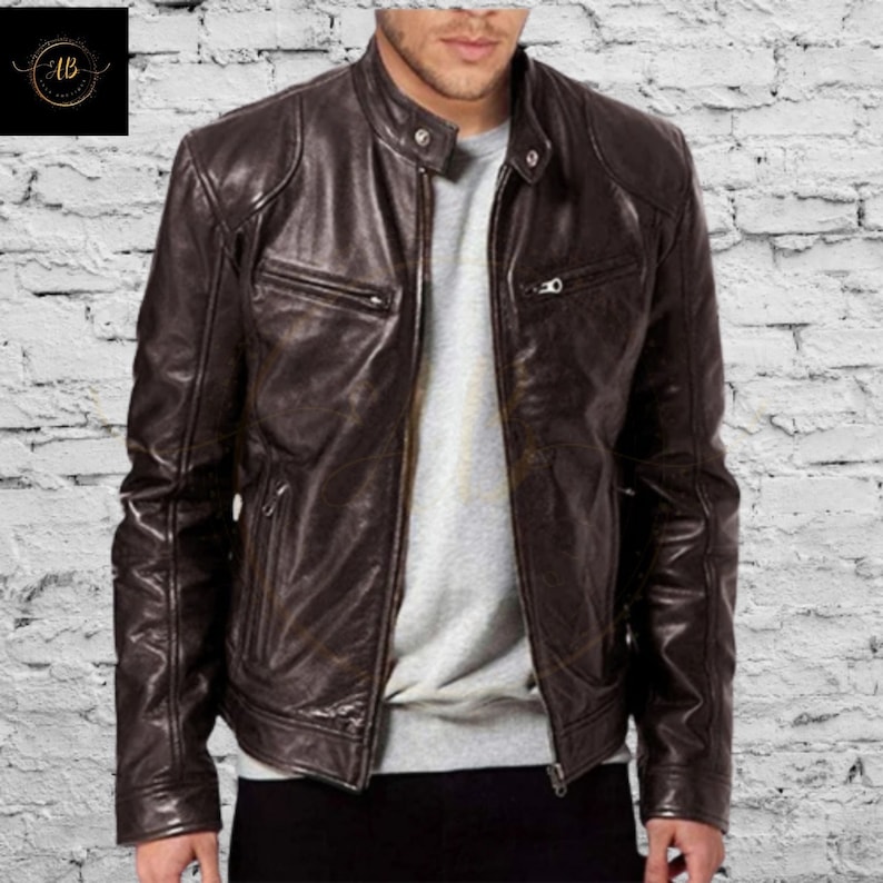 Black Brown Genuine Leather Jackets Motorcycle Lapel Diagonal Zipper
