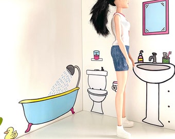 Stickers salle de bain maison de poupée Barbie (1:6), Stickers pour salle de bain au format Barbie, Stickers salle de bain maison de poupée Barbie à monter soi-même