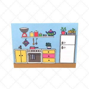 Cartolina da cucina, cartolina per nuovi proprietari di casa, carta di invito alla cena