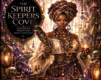 May include: A person wearing a purple and gold headwrap, layered necklaces, and a white lace-trimmed blouse. The image features text reading THE SPIRIT KEEPERS COVE HOODOO PRIESTESS SPIRIT COMPANION C, surrounded by skulls, candles, and purple crystals.
