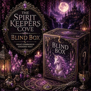 May include: A rectangular blind box featuring a white unicorn illustration with purple accents, surrounded by purple crystals, candles, and ornate gold detailing. The text reads The Spirit Keepers Cove Blind Box and What Companion Chooses You?