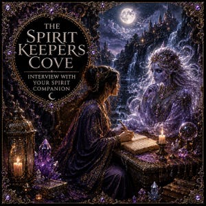 Op de afbeelding: Een digitale illustratie getiteld THE SPIRIT KEEPERS COVE INTERVIEW WITH YOUR SPIRIT COMPANION met een persoon in een paars gewaad die in een boek schrijft tegenover een doorschijnende, gloeiende geest in een donkere omgeving met kristallen.