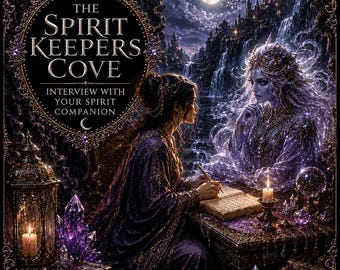 May include: A digital illustration titled THE SPIRIT KEEPERS COVE INTERVIEW WITH YOUR SPIRIT COMPANION featuring a person in a purple robe writing in a book while facing a translucent, glowing spirit figure in a dark, mystical setting with crystals.
