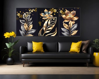 Gold black modern wall art Decor Trendy gold Artwork Abstract Painting gifts Digital download posters black gold flowers art set of 3 print
