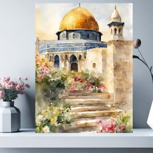 May include: A watercolor painting of a mosque with a golden dome and a minaret. The mosque is surrounded by lush greenery and a stone staircase leading up to it.