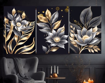 Gold black modern wall art Decor Trendy gold Artwork Abstract Painting gifts Digital download posters black gold flowers art set of 3 prints