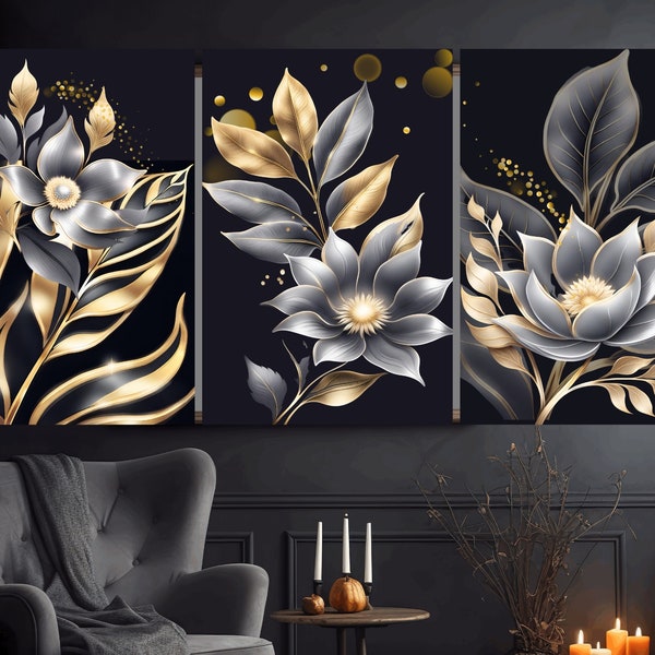 Gold black modern wall art Decor Trendy gold Artwork Abstract Painting gifts Digital download posters black gold flowers art set of 3 prints