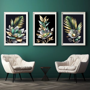 Gold black modern wall art Decor Trendy gold green Artwork green gold poster gifts Digital download  Gold flowers art set of 3 prints