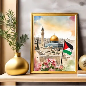 May include: A watercolor painting of the Dome of the Rock in Jerusalem, with a Palestinian flag waving in the foreground. The painting features a golden dome, blue and white walls, and a minaret.