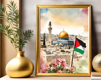 Al-Aqsa Mosque Print: Jerusalem Old City, Palestine Flag (Digital Download)