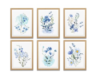 Modern watercolour Floral wall Art set of 6 prints | Printable floral Poster bundle | Blue white Flowers wall Art gift  Digital Download