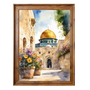 May include: A watercolor painting of a golden dome mosque with a green roof, surrounded by stone walls and colorful flowers. The mosque is set against a blue sky with white clouds.