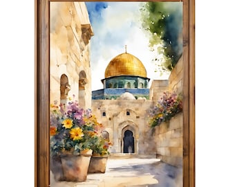 Mosque Print Al-aqsa| Masjed Minaret Dome of Rock | Old Architecture Jerusalem Palestine | Floral Boho Islamic Pastel Decor Muslim Printable