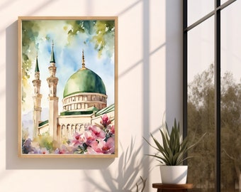 Masjid Nabawi Art | Al Masjid Al Nabawi Mosque | Prophets Mosque Watercolour| Madinah Art | Islamic  Art | Boho Pastel | Muslim Printable