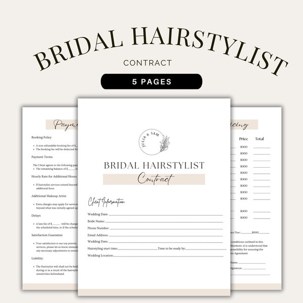 Editable Bridal Hair Contract Template | Bridal Hairstylist Contract Agreement | Hairstylist Contract | Hairstylist Form Bundle | CANVA