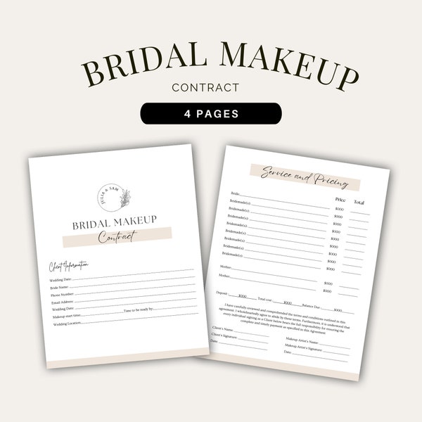 Editable Bridal Makeup Contract Template, Professional Makeup Contract Template, Freelance Makeup Artist Contract,Professional Bridal Makeup