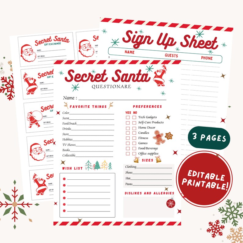 Secret Santa Questionnaire for Coworkers and Teachers Office Gift Exchange Survey Form,secret ...