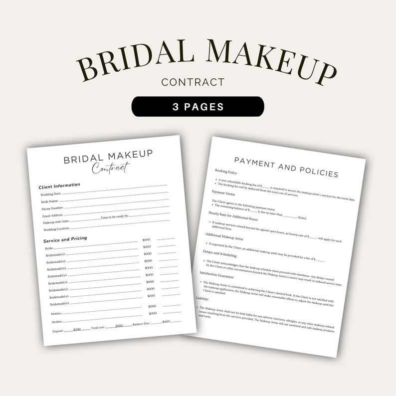 Editable Bridal Makeup Contract Template, Professional Makeup Contract ...