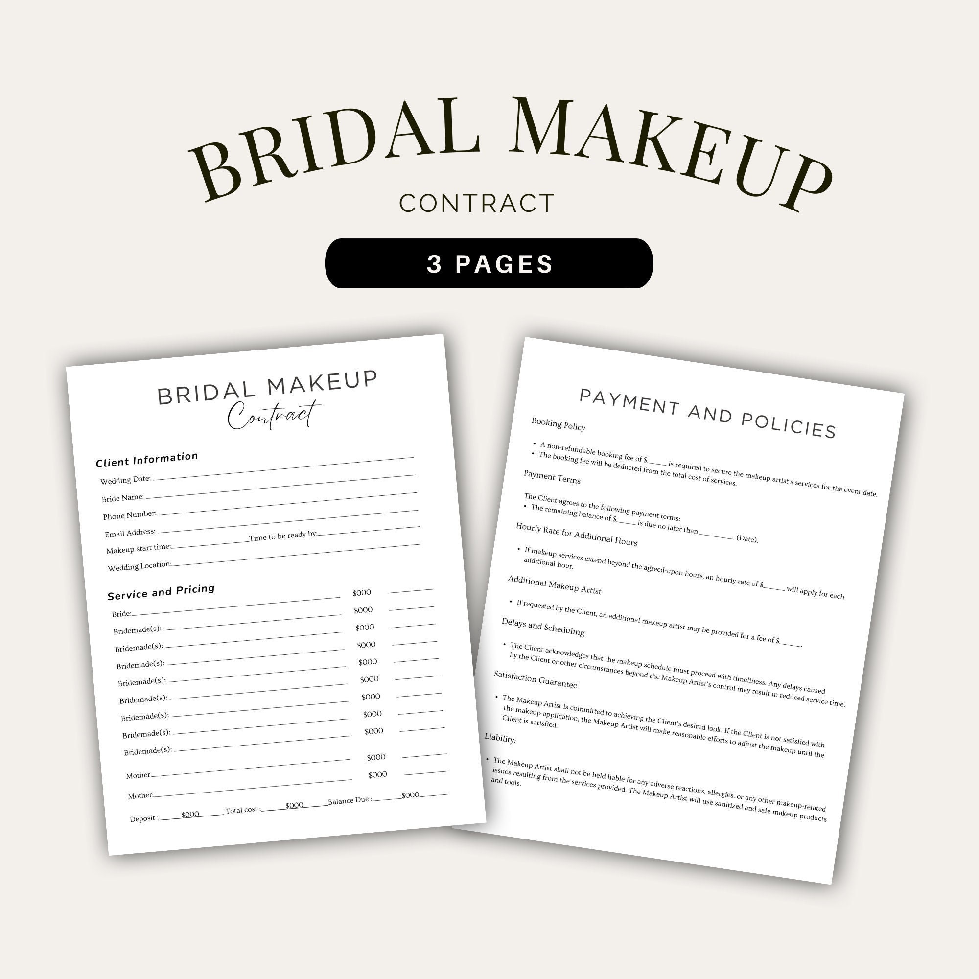 Editable Bridal Makeup Contract Template, Professional Makeup Contract ...