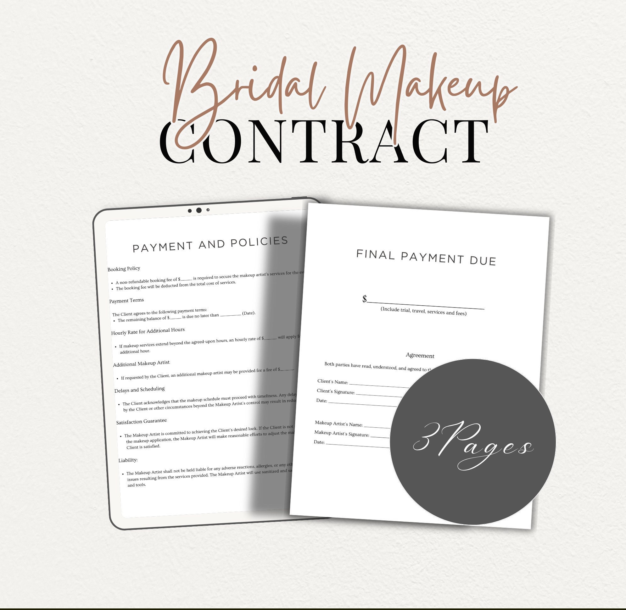 Editable Bridal Makeup Contract Template, Professional Makeup Contract ...