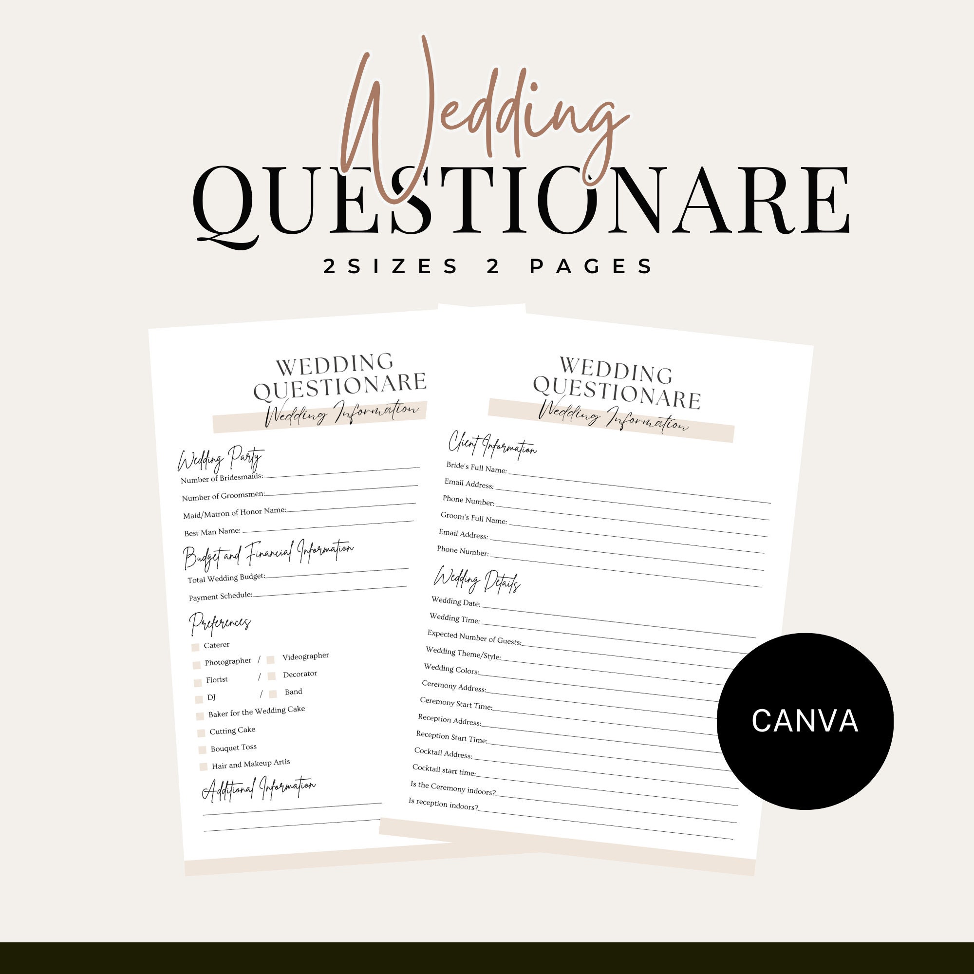 Professional Wedding Planner Client Questionnaire and Welcome Letter, Intake Form, Bride and Groom Questionnaire, Editable Canva Template