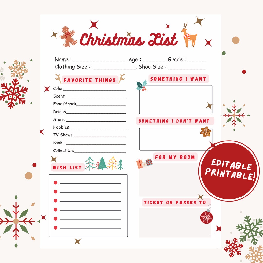 Christmas List,kids Christmas Wish List,printable Gift Wish List
