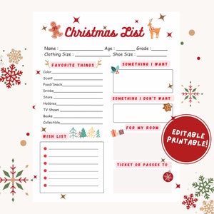 Weihnachtsliste, Kinder Weihnachten Wunschliste, druckbare Geschenk Wunschliste, Kinderwunschliste, Kind Urlaub Wunschliste, Brief an Santa, Sofort-Download