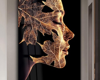 Abstract Woman Face Wall Art Tempered Glass Print, Nature Inspired Artwork, Modern Home Decor, Unique Gift for Her, Luxury Wall Design