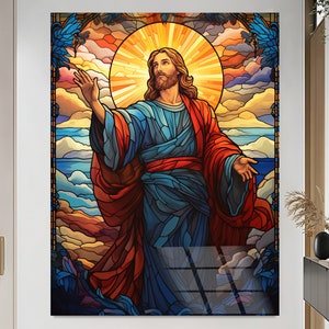 Jesus Glass Stained Style gehärtetes Glas Kunst: Religiöses Wanddekor Spirituelles Kunstwerk Christentum Themed Home Decor Glasdruck