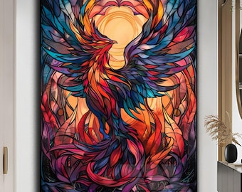 Phoenix Wall Decor Stained Glass Print Rising Phoenix Art Mythical Decor Legendary Bird Art Minimalist Design Wall Hanging Home Decor