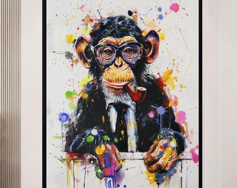 Stylish Monkey Painting Abstract Wall Art Office Decor Gift Ideas Colorful Animal Portrait Modern Pop Art Framed Canvas Gift for Dad