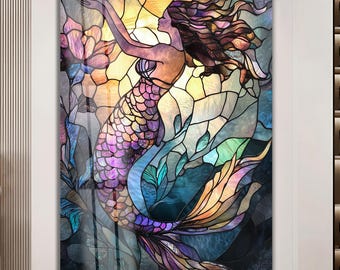 暗闇で光るマーメイドアクリル画、満月と星、12x16インチの額入り