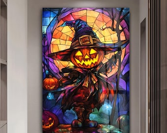 Halloweenpumpa väggkonst härdat glastryck läskig Jack O'Lantern dekor häxkonstverk kuslig väggbonad julklapp heminredning