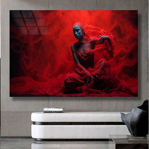 Abstract Glass Art, Red Woman Wall Art, Red Glass Art, Tempered Glass Art, Large Wall Art, Fashion Wall art, Livingroom Wall Decor Art Decor image 1