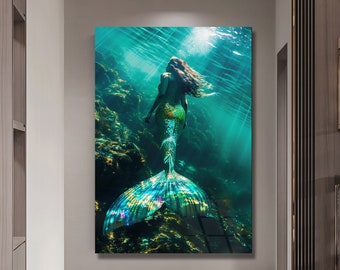 Tempered Glass Wall Art Mermaid Decor Gold framed Art Sea Glass Art Housewarming Gift Ready to Hang Trendy Wall Art Fashion Wall Art