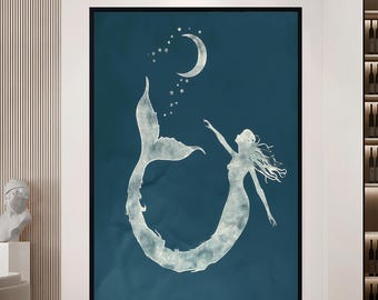 Mermaid Wall Art Ocean Fantasy Art Nautical Decor Large Mermaid Canvas Underwater Sea Art Fun Wall Hanging Gift for Lover Canvas Wall Art