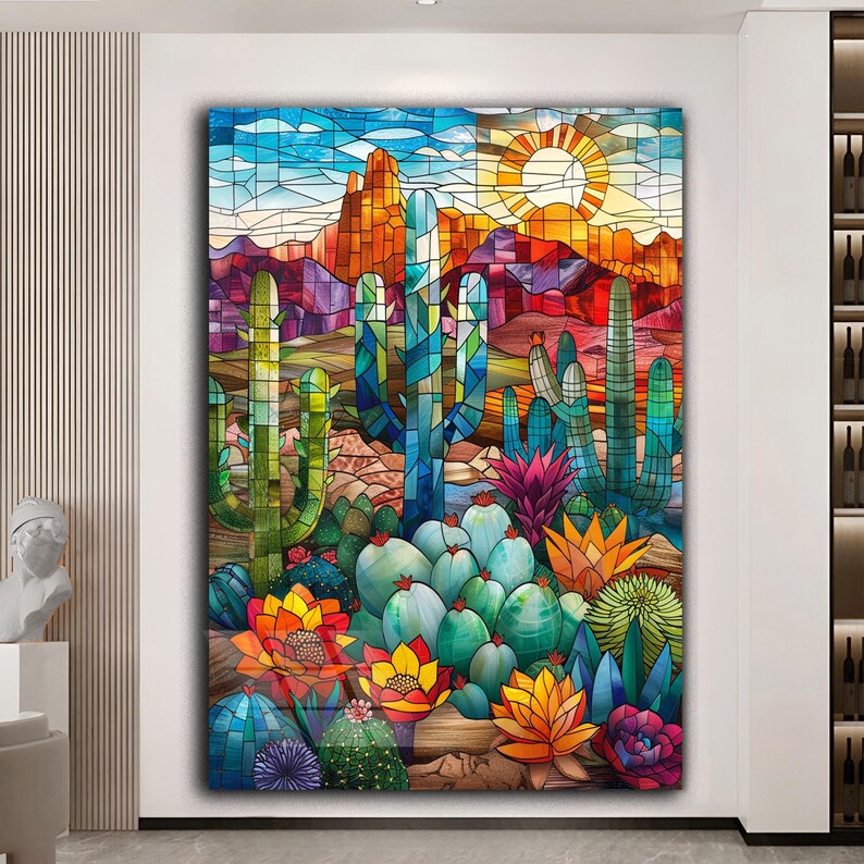 May include: A stained glass style artwork depicting a desert landscape with colorful cacti and flowers. The artwork features a vibrant blue sky with a sun, and a red rock formation in the background.