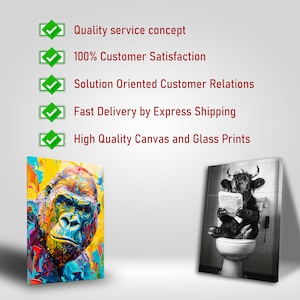 May include: Two colorful canvas prints. The first print features a close-up of a gorilla's face with a colorful abstract background. The second print shows a black and white image of a cow sitting on a toilet and reading a newspaper.