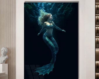 Mermaid Glass Art, Art Glass, Ocean Themed Wall Art,  Tempered Glass Art, Large Wall Art, Wall Hanging, Ready to Hang Art, Modern Unique Art